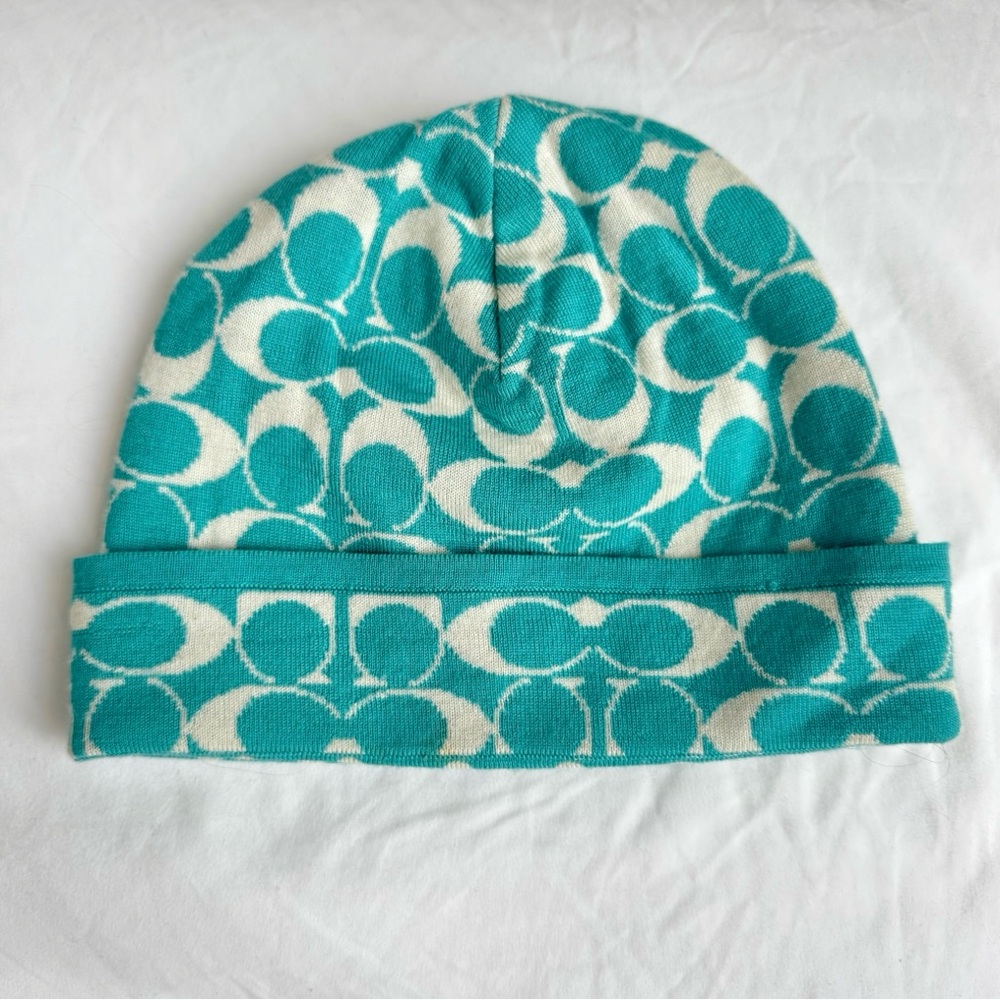 Coach Teal Turquoise Logo Beanie 100% Merino Wool Polka Dot Lining Winter Hat OS